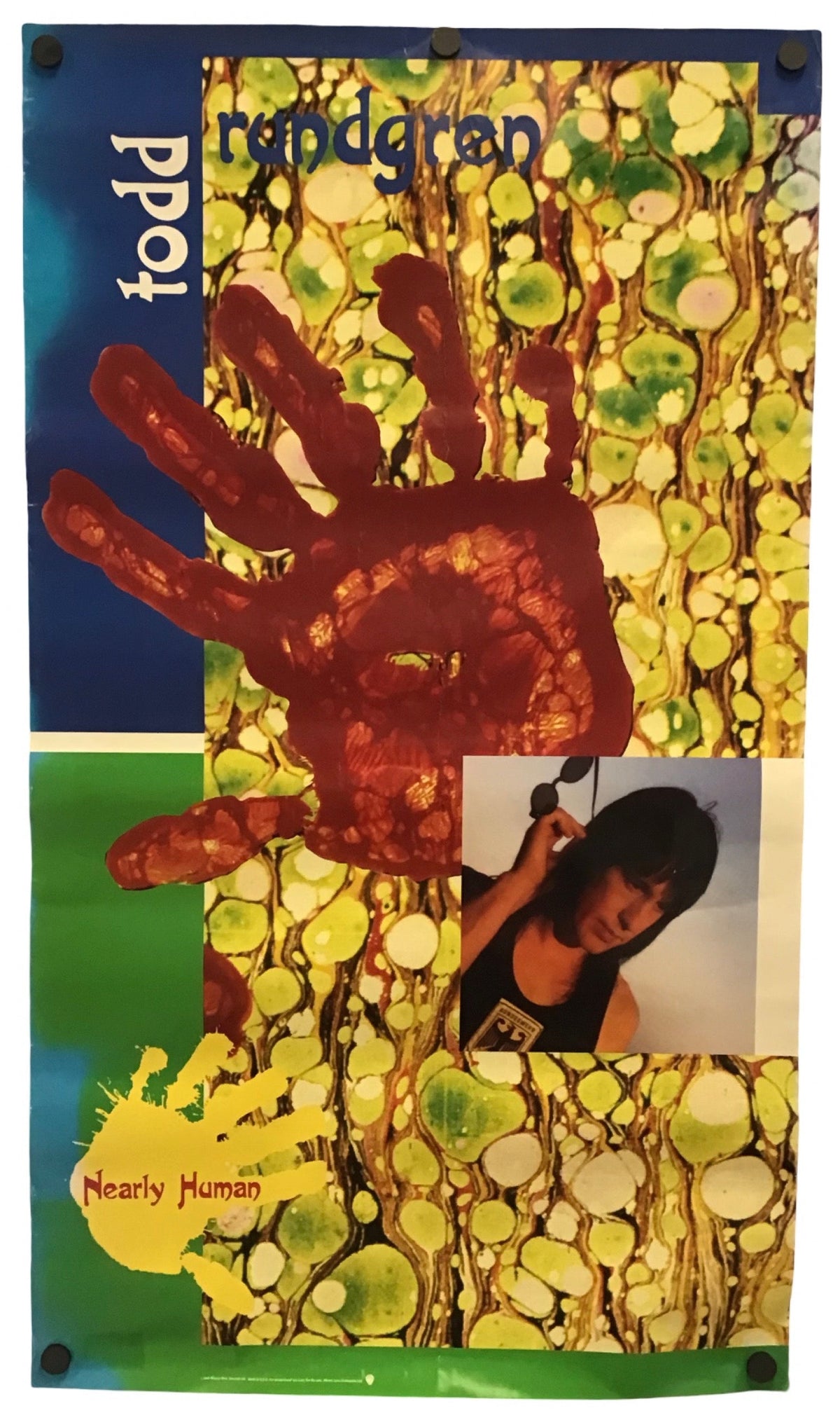 A vertical mixed-media art print or poster featuring a large red handprint over a yellow-green cellular pattern, with the text 'Todd' and 'Rundgren' on a blue background block, a green block with 'Nearly Human' in yellow, and a small inset photo of a person.