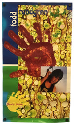 A vertical mixed-media art print or poster featuring a large red handprint over a yellow-green cellular pattern, with the text 'Todd' and 'Rundgren' on a blue background block, a green block with 'Nearly Human' in yellow, and a small inset photo of a person.