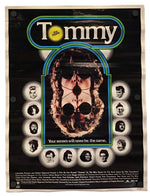 A vintage-style movie poster for the film 'Tommy' featuring a black background, a large stylized 'Tommy' title at the top, a central figure with sunglasses and a blurred face, and multiple circular character portraits arranged around the center.