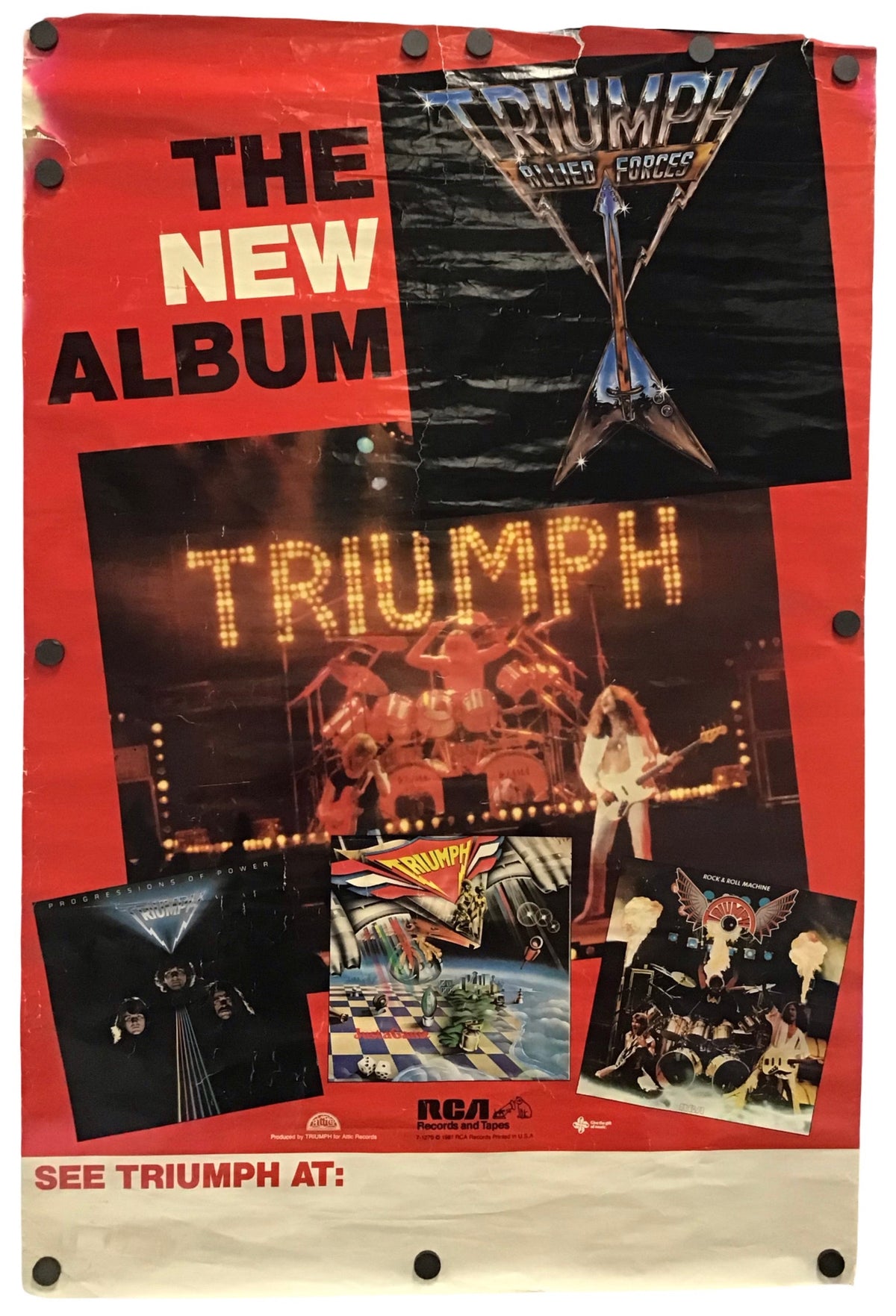 A vintage metal album poster for the band Triumph, featuring a bold red background with black and white text reading 'THE NEW ALBUM' and 'TRIUMPH'. The collage-style poster includes multiple band photos, a black-and-white triangular logo, and an RCA logo near the bottom.