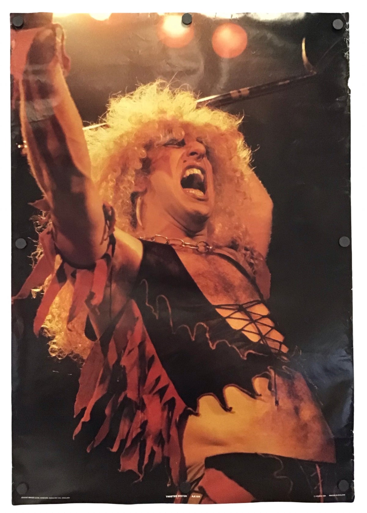 A vertical poster print featuring a high-energy concert photograph of a performer with wild blonde hair, mouth open in a scream, wearing a black fringed costume under warm stage lights. The poster is shown hanging against a white wall with visible wall hooks at the corners.