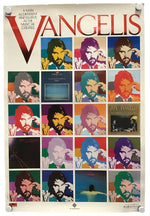 A vintage-style poster for 'Vangelis' hangs on a wall with binder clips at the corners. The poster features a large red 'V' and the word 'VANGELIS' at the top, with a grid of colorful pop-art portraits of a bearded man in various colored outfits.