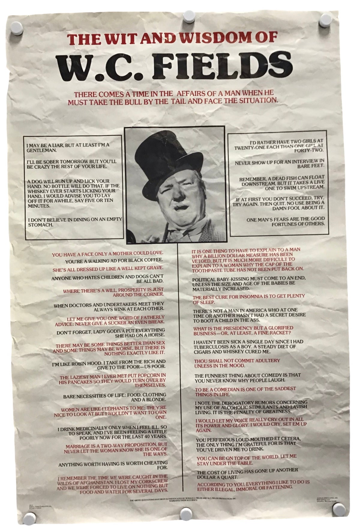 A vintage-style poster print featuring a portrait of W.C. Fields