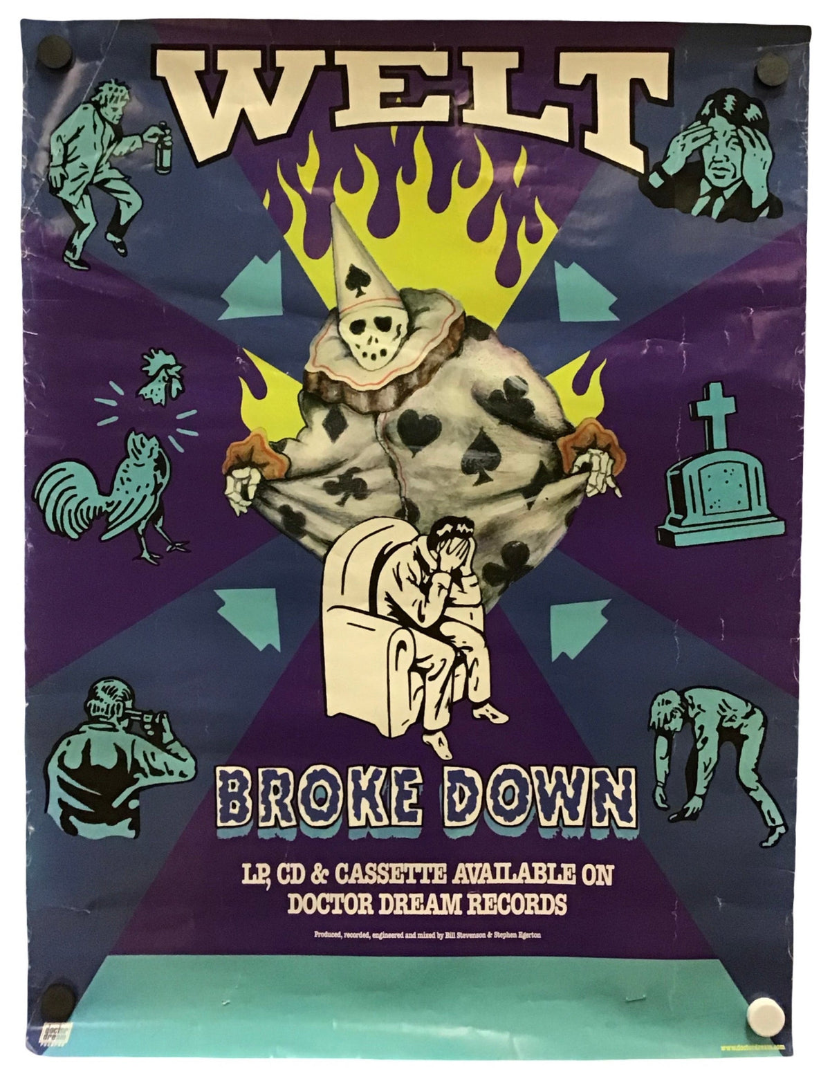A vintage-style album cover or poster for the band Welt, featuring a surreal illustration of a skeleton figure wearing a playing card suit and sitting in a chair, with the text 'WELT BROKE DOWN' on a purple background with teal and yellow accents.