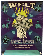 A vintage-style album cover or poster for the band Welt, featuring a surreal illustration of a skeleton figure wearing a playing card suit and sitting in a chair, with the text 'WELT BROKE DOWN' on a purple background with teal and yellow accents.