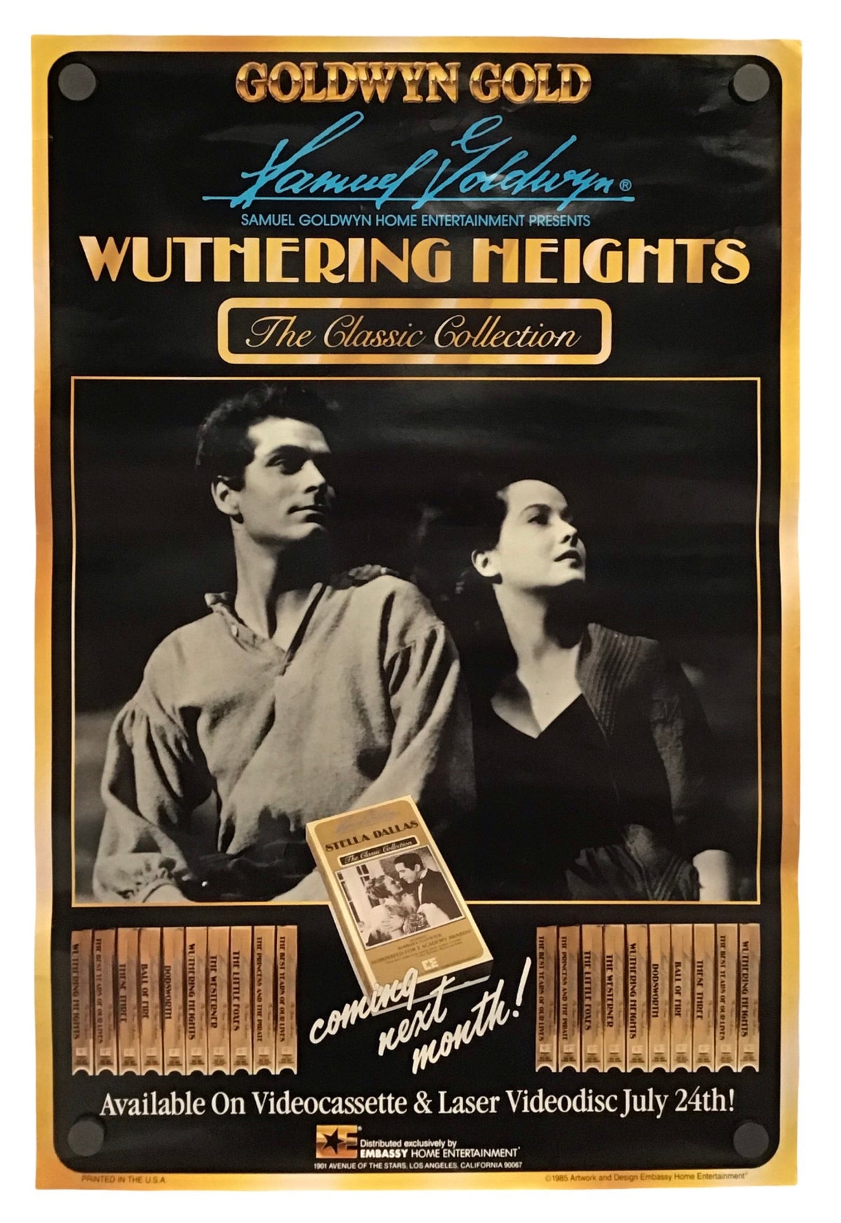 A vintage-style Wuthering Heights movie poster or cover art featuring the title, actor names, and a black-and-white scene of two people, with gold and blue text accents on a dark background.