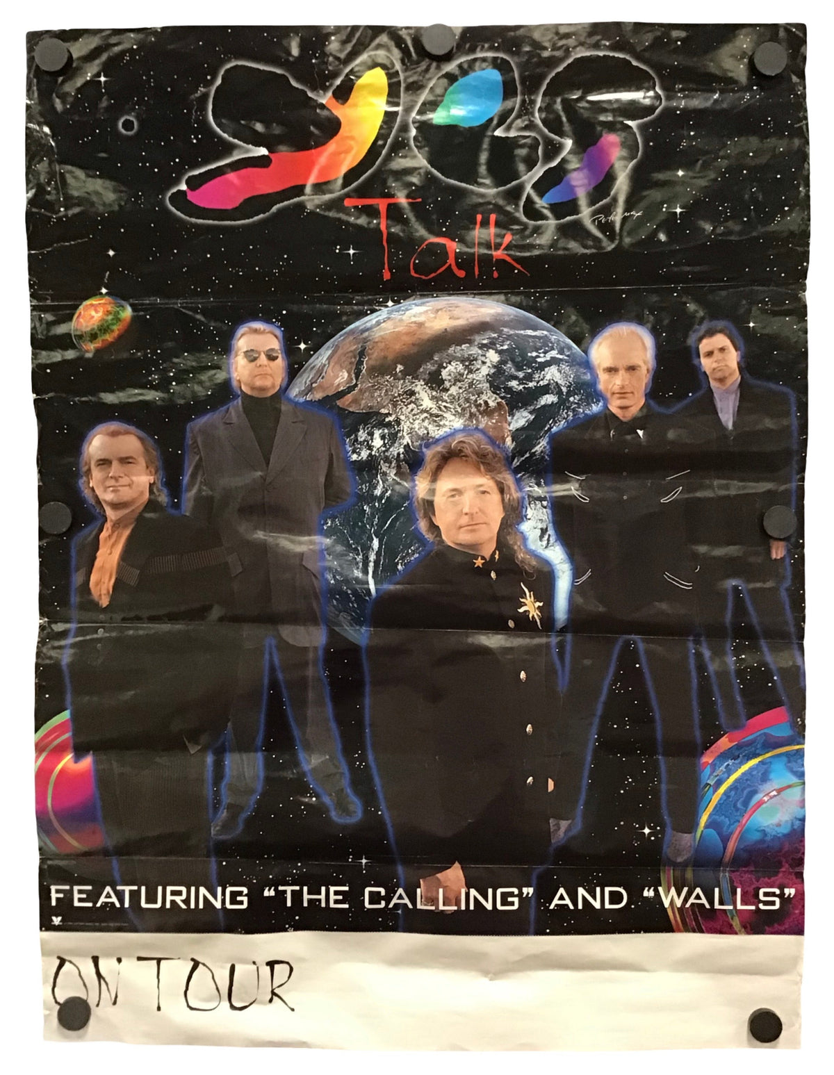 A vintage concert poster for the band Yes, featuring the band members cut out and superimposed over a space-themed background with planets and the Earth. The poster includes the text 'Talk', 'Featuring "The Calling" and "Walls"', and 'On Tour'.